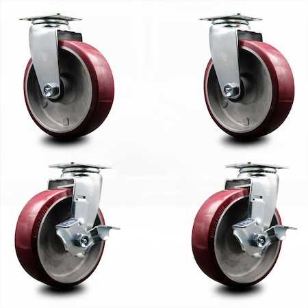 6 Inch Poly On Aluminum Swivel Caster Set With Roller Bearings 2 Brakes SCC